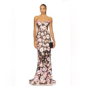 Bronx and Banco Jasmine Gown in Black Multi, Strapless Floral Maxi Dress, XS